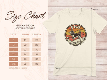 Gildan 64000 t-shirt size chart with "PhD Probably has Dogs" graphic.