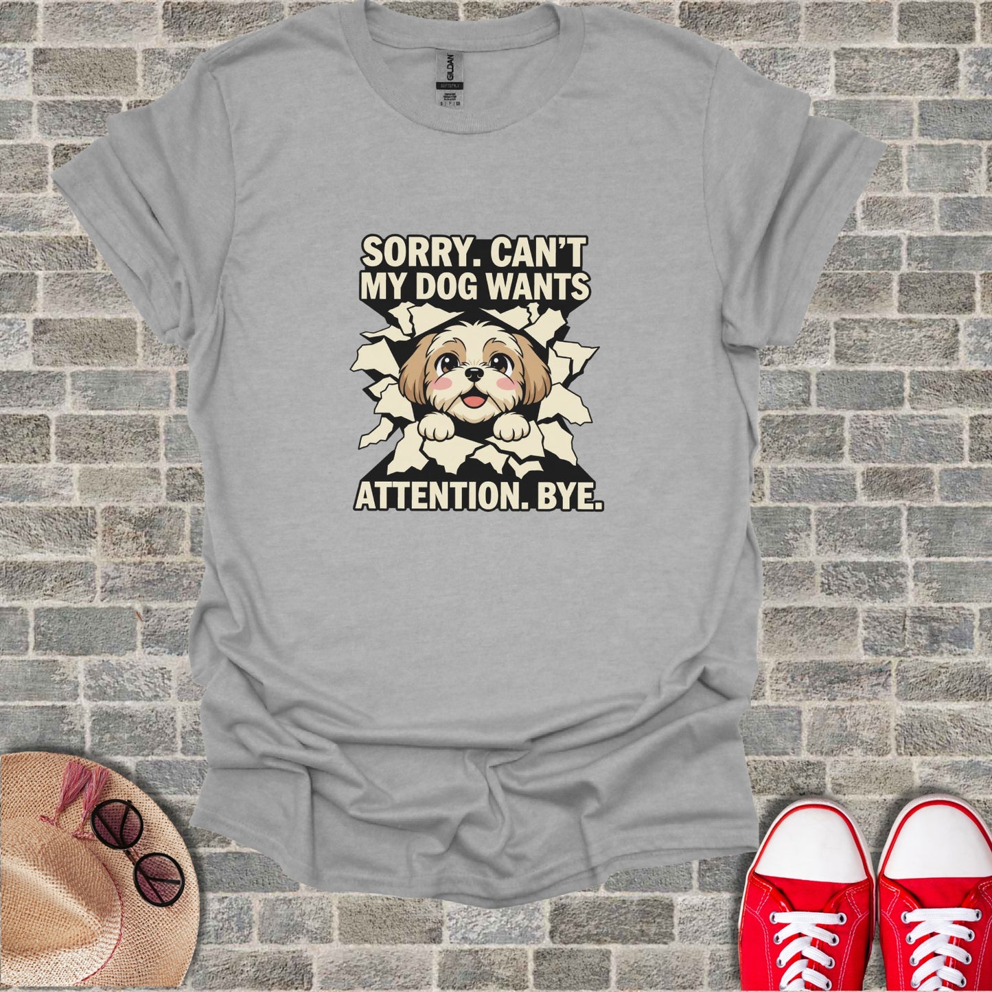Sorry Can't My Dog Wants Attention Bye product type
dog graphic
Shih Tzu
cute dog
funny dog
pet lover
dog owner
attention dog
sorry can't
bye design
animal humor
puppy face
canine art
dog breed
novelty tee
gift idea
cartoon dog
statement top
pet parent
Shih Tzu art
humorous pet