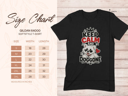 Gildan 64000 softstyle t-shirt size chart with "Keep Calm and Doggone" graphic.