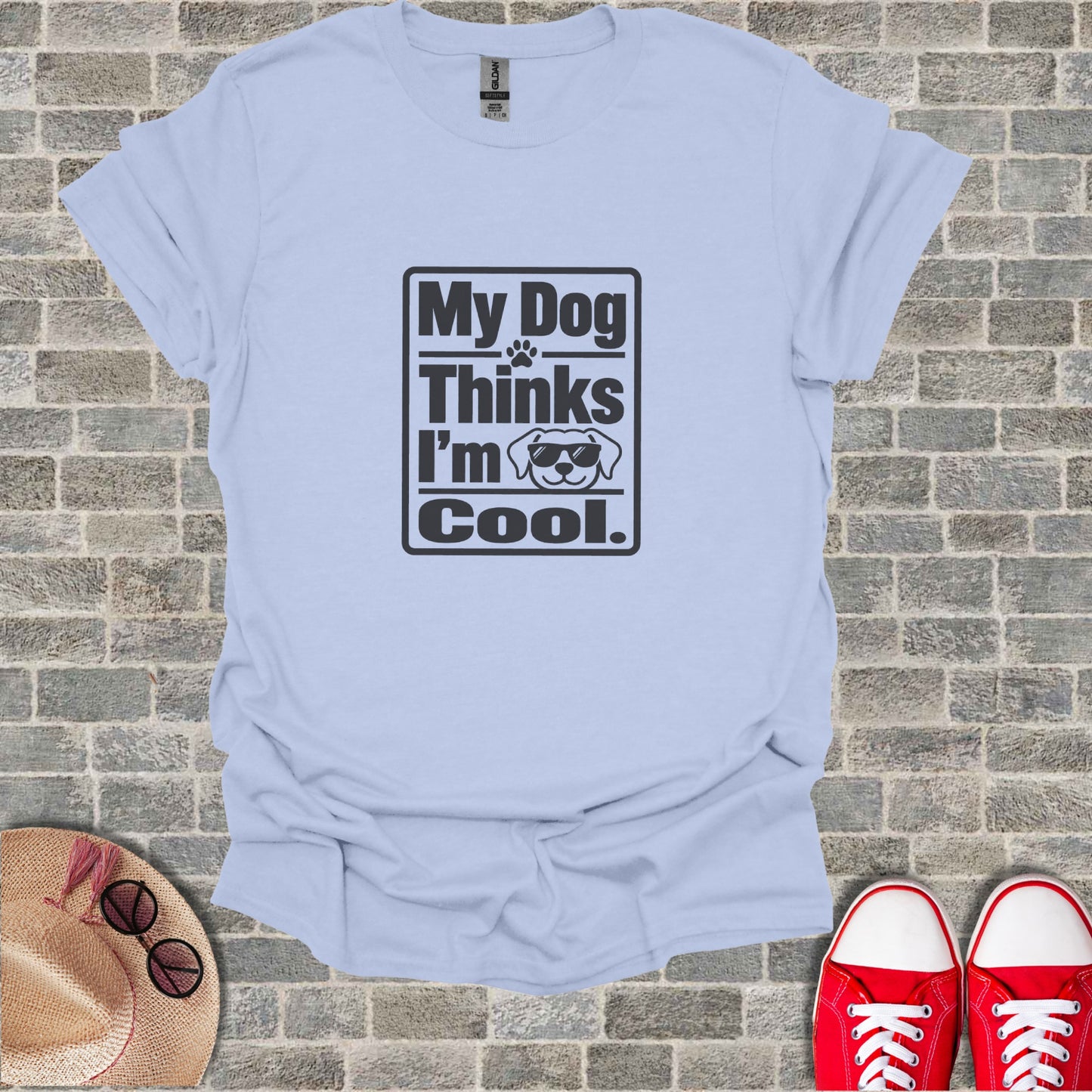 Light blue t-shirt with "My Dog Thinks I'm Cool." text and a dog silhouette.