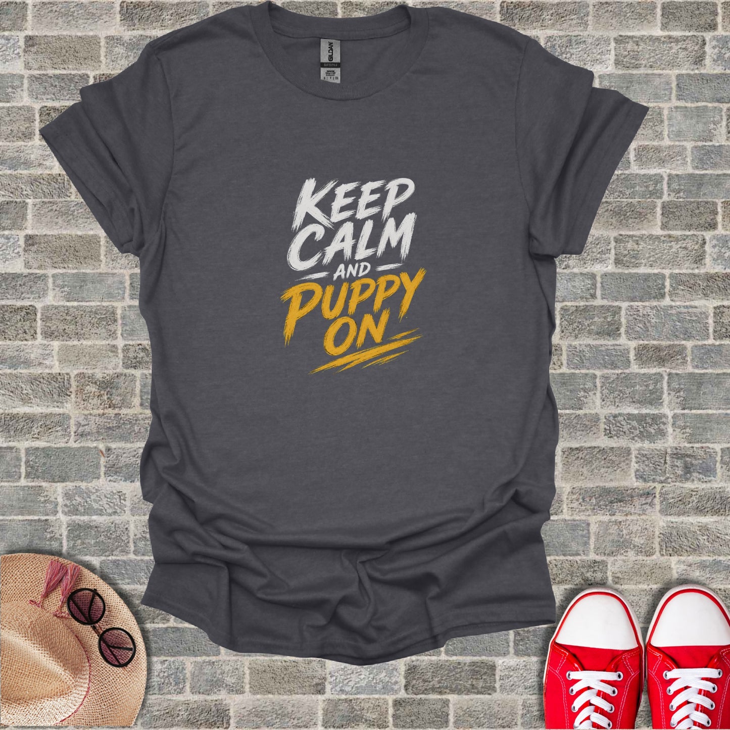 Dark grey t-shirt with "KEEP CALM AND PUPPY ON" text.