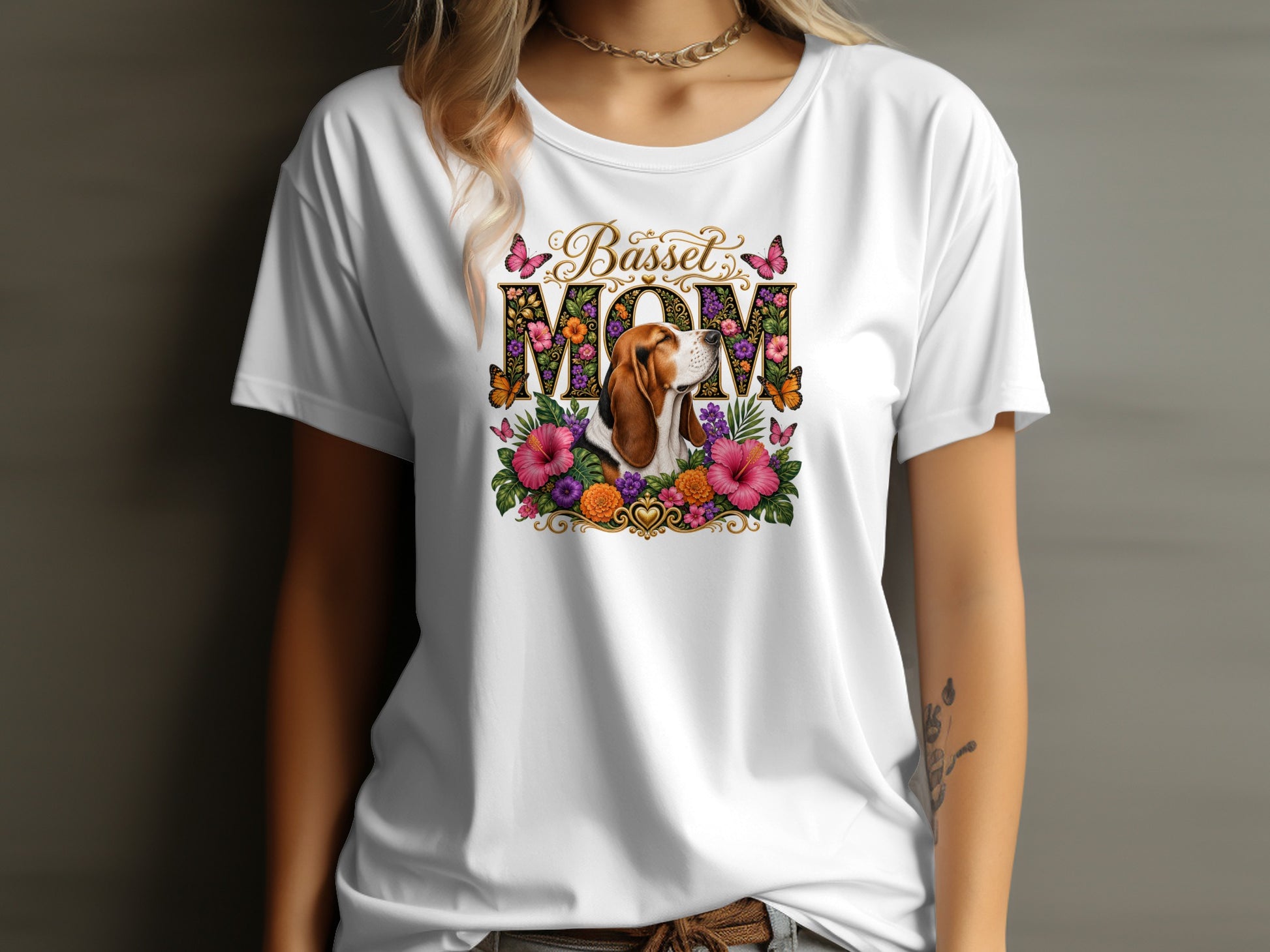 "Basset Mom" text over floral design with beagle and butterflies on white t-shirt.