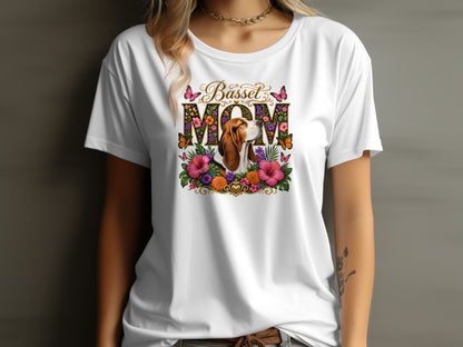 "Basset Mom" text over floral design with beagle and butterflies on white t-shirt.