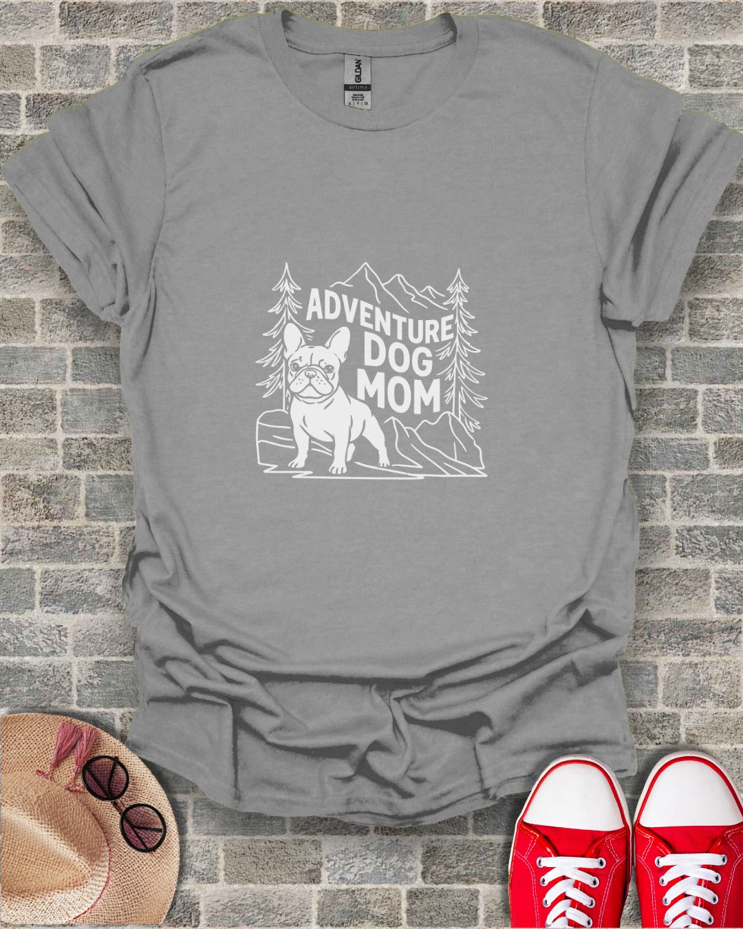 Grey t-shirt with "Adventure Dog Mom" text and French bulldog illustration.
