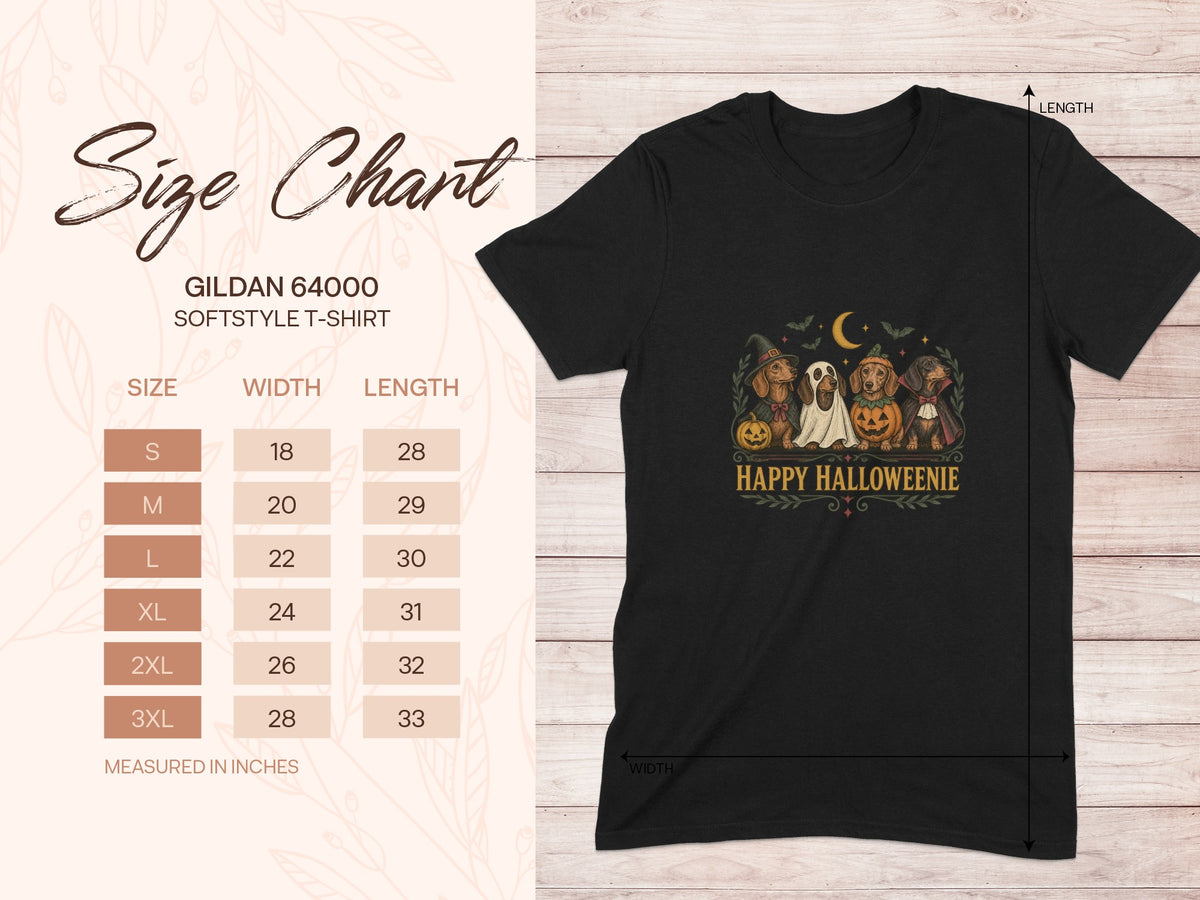 Gildan 64000 size chart for softstyle t-shirts with Halloween dachshund graphic.