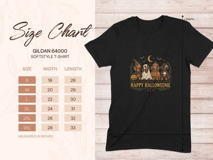 Gildan 64000 size chart for softstyle t-shirts with Halloween dachshund graphic.
