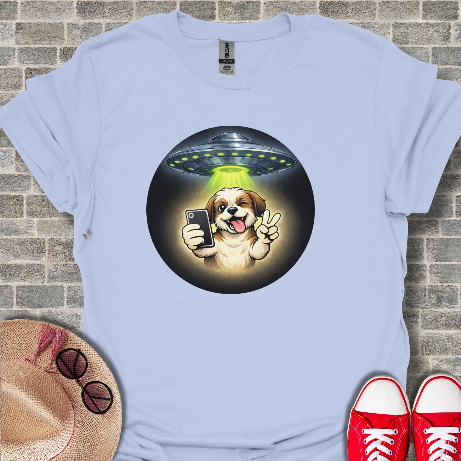 Alien UFO Abduction Dog Peace Selfie Graphic Shirt