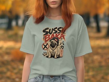 Light blue t-shirt with "SUSSI BAKA" graphic featuring a dog and Japanese text.