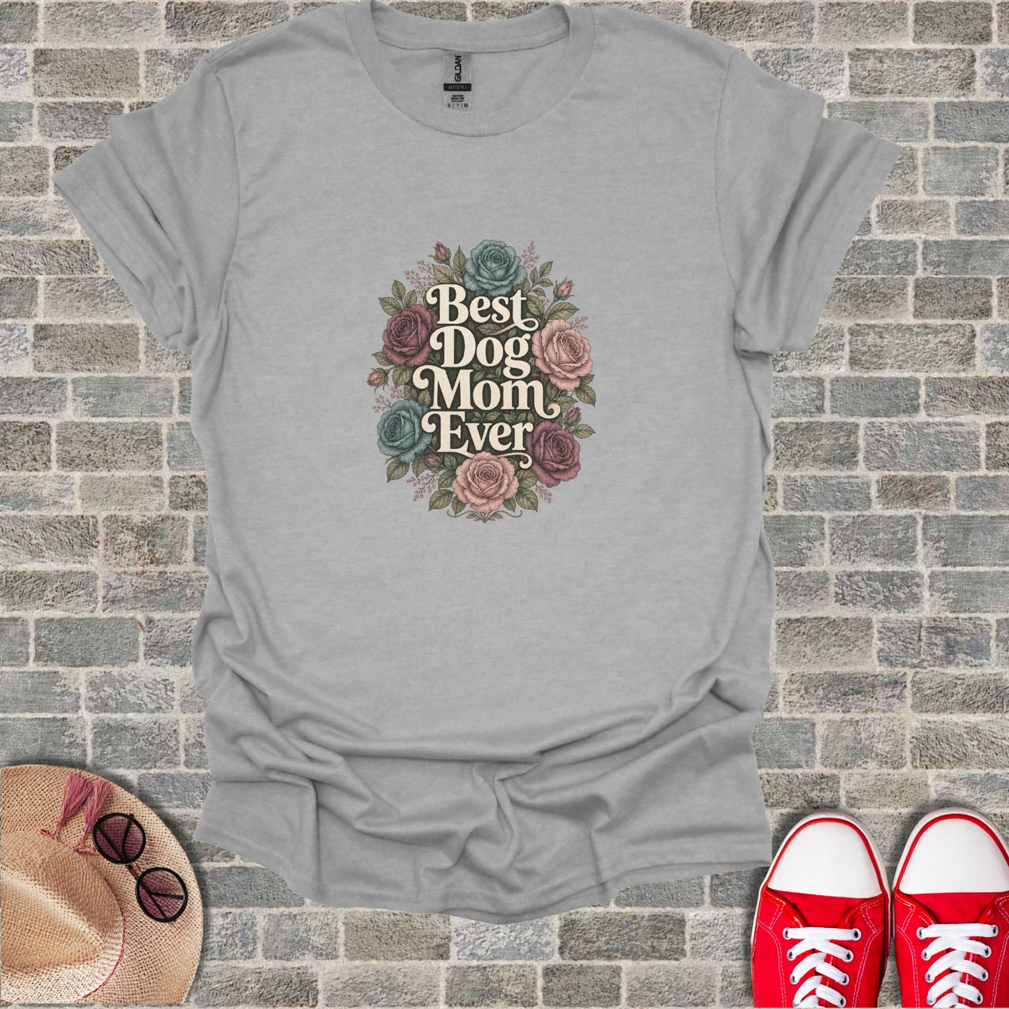 Gray t-shirt with "Best Dog Mom Ever" text and floral design.