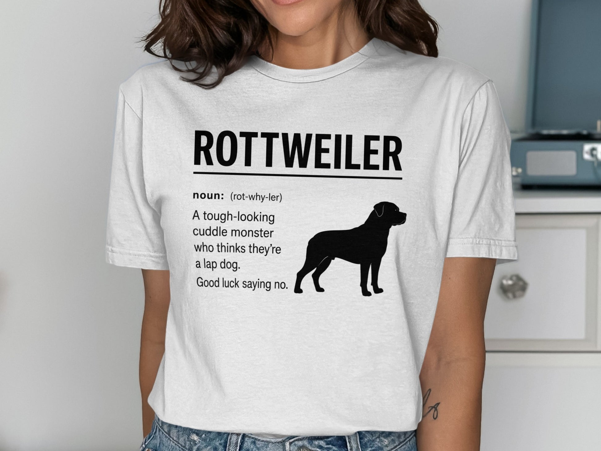 T-shirt with Rottweiler silhouette and humorous definition of the breed.