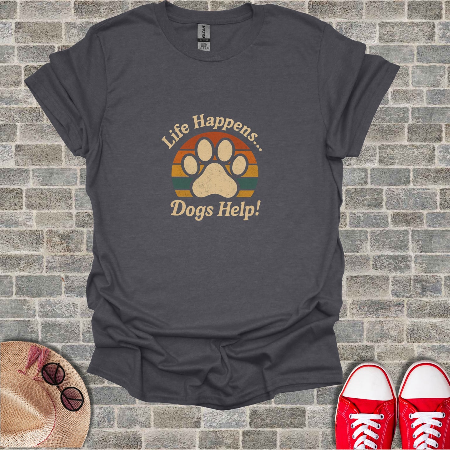 Life Happens... Dogs Help! Paw Print Graphic T-Shirt