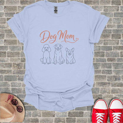Pale blue t-shirt with "Dog Mom" text and line drawings of three dogs.