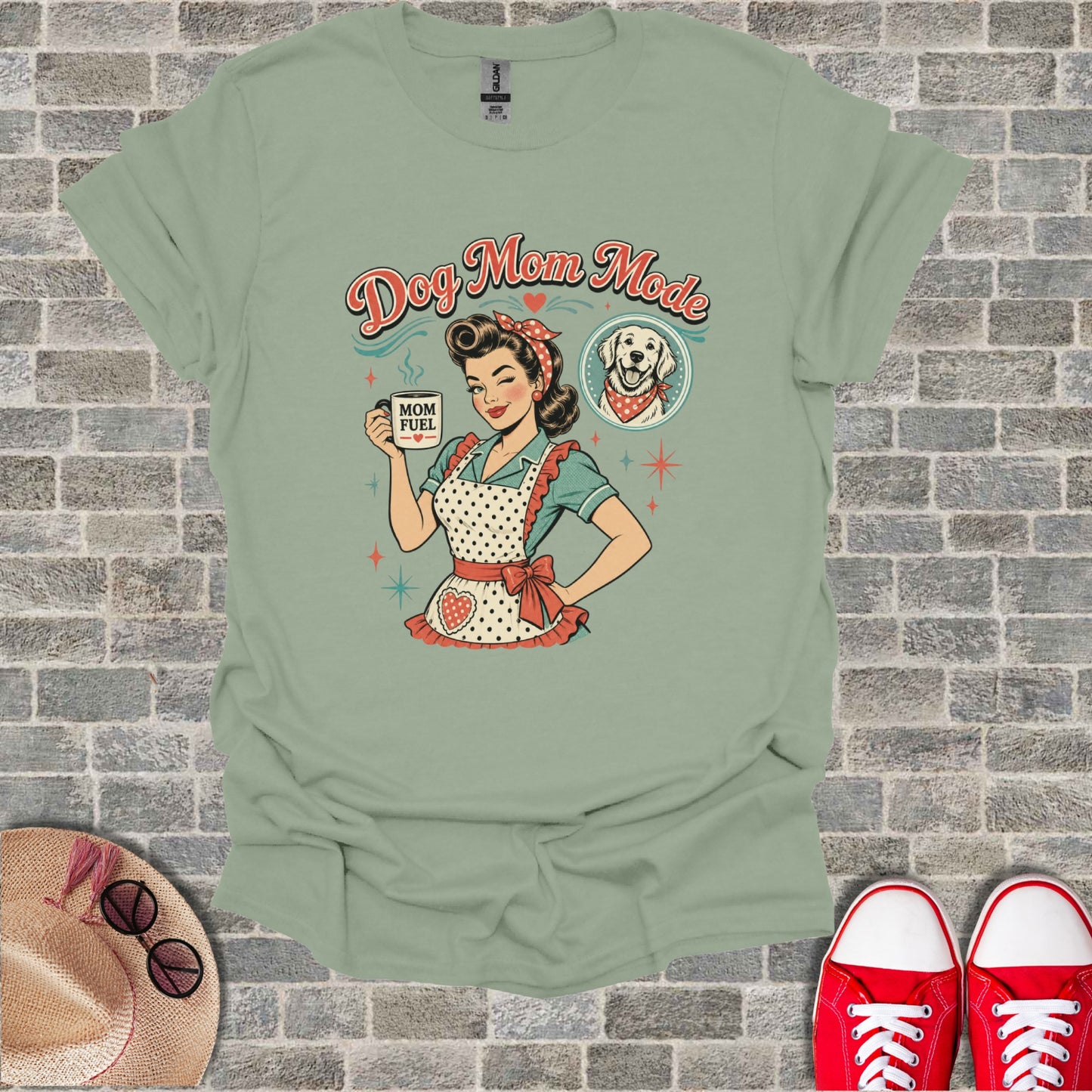 T-shirt with "Dog Mom Mode" text, retro woman, and dog graphic.