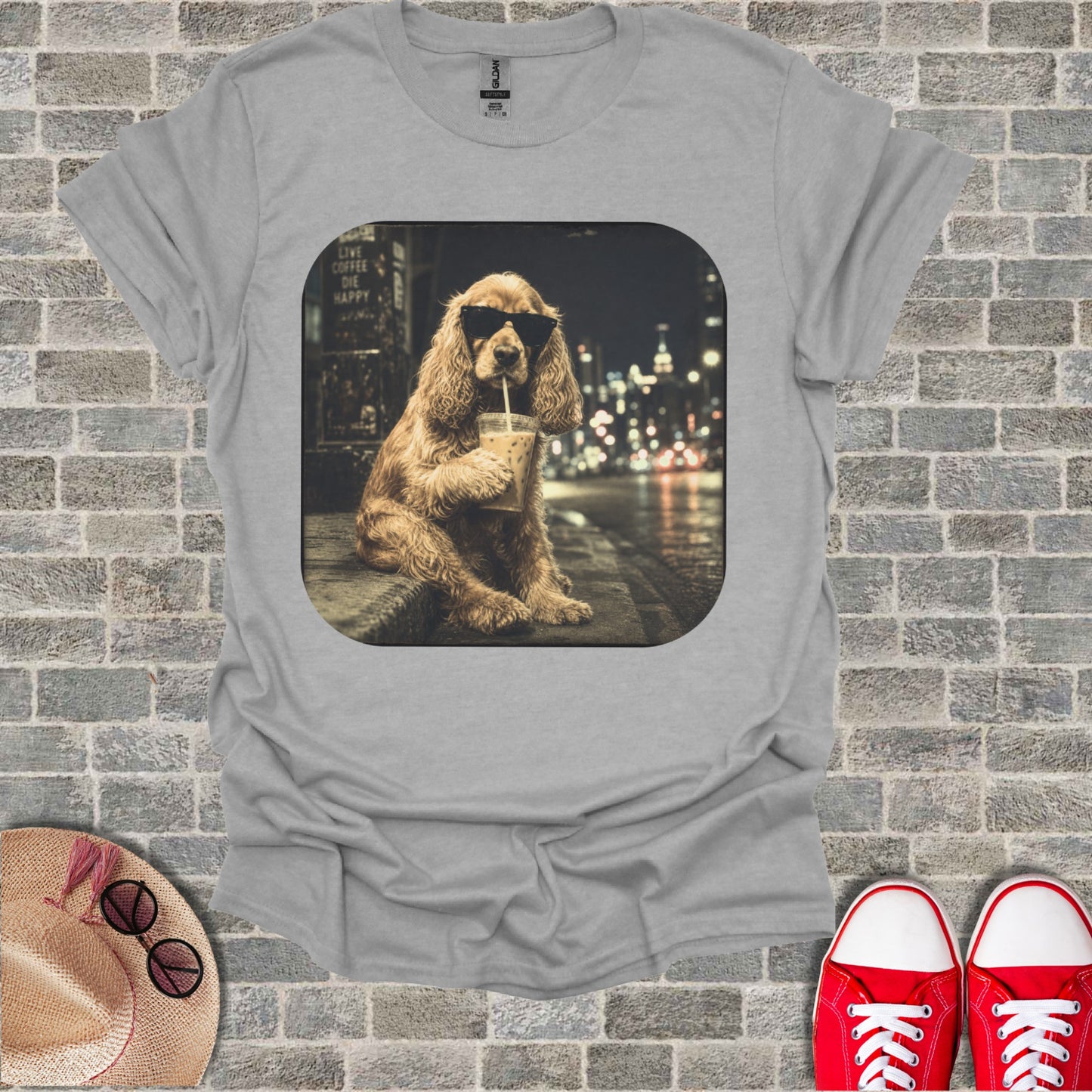 Dog wearing sunglasses sips iced coffee on a rainy city street.
