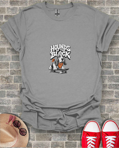 Grey t-shirt featuring a basset hound with an orange bandana on a skateboard and "Hounds of the Block" text.
