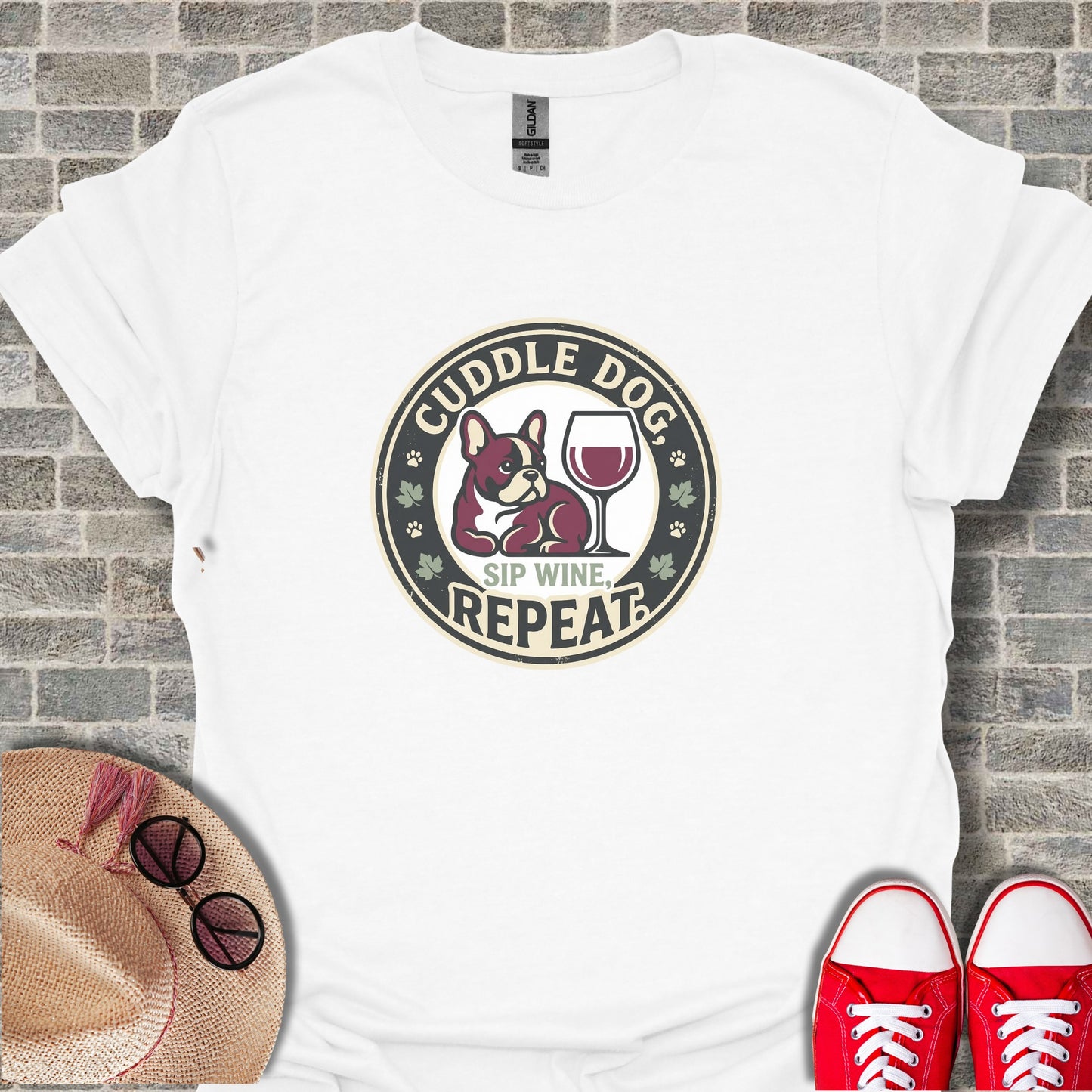 Cuddle Dog Sip Wine Repeat Design T-Shirt Product