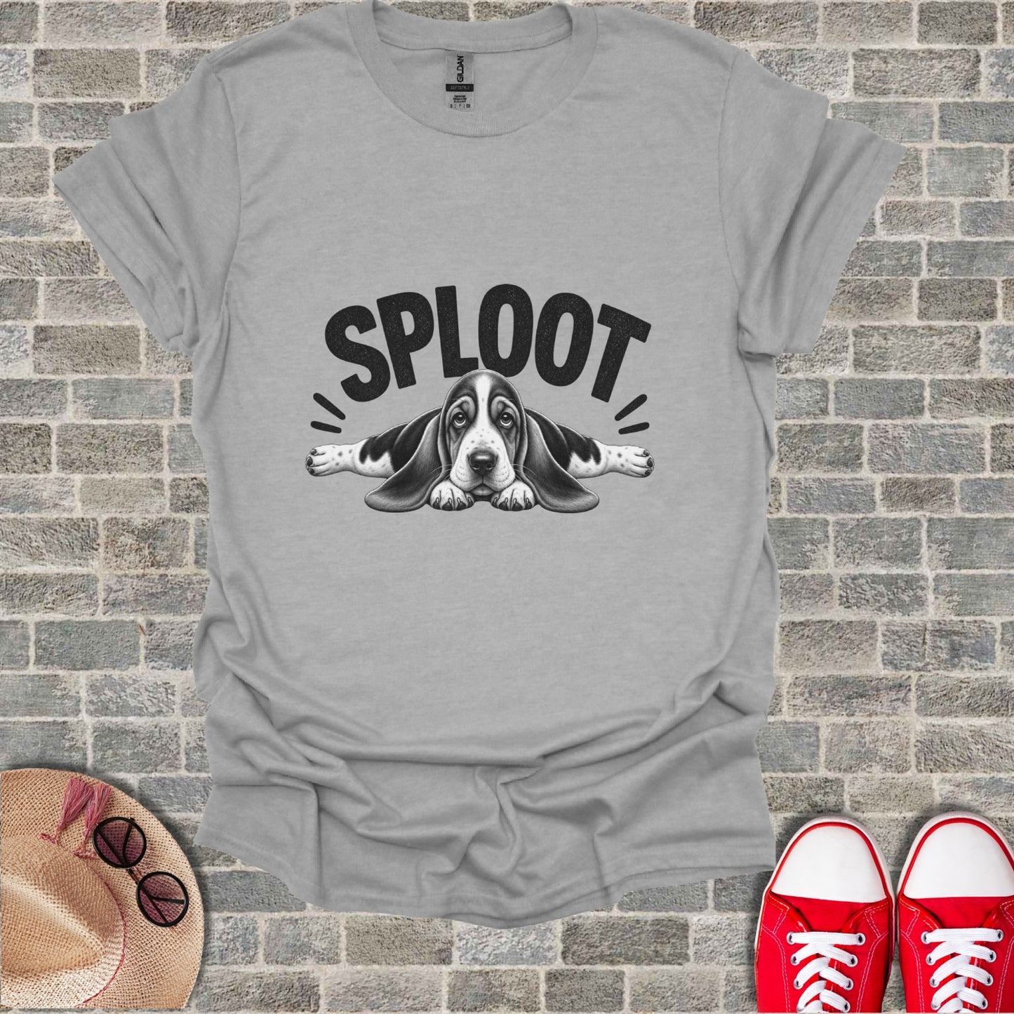 T-shirt with black text "SPLOOT" and drawing of a basset hound dog.