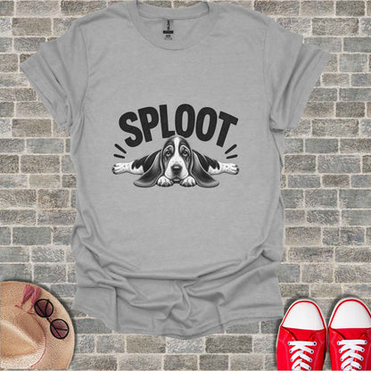 T-shirt with black text "SPLOOT" and drawing of a basset hound dog.