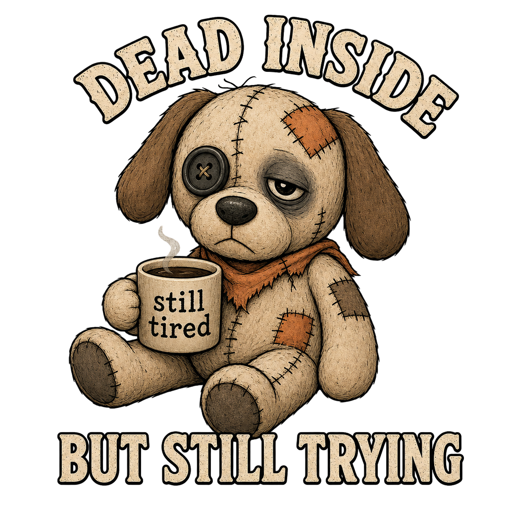 Sad stuffed dog with coffee cup, "DEAD INSIDE still tired BUT still TRYING" text.