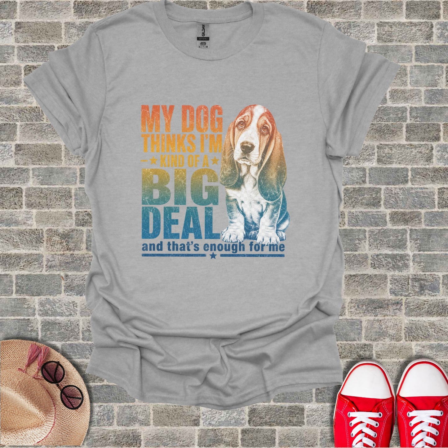 Gray t-shirt with a vintage basset hound and text, "My dog thinks I'm a big deal."