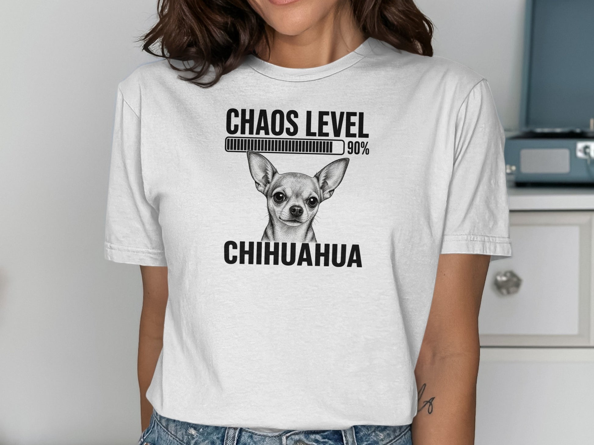 T-shirt with chihuahua graphic and "Chaos Level 90% CHIHUAHUA" text.