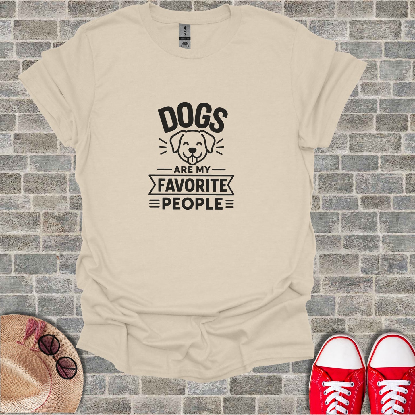 Beige t-shirt with "Dogs Are My Favorite People" text and dog illustration.