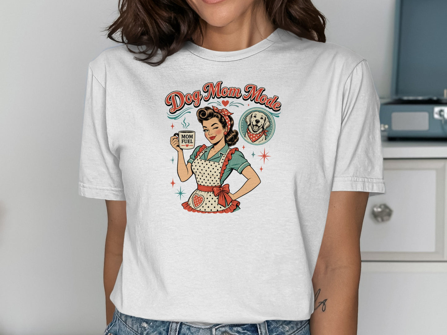 Dog Mom Mode text with retro illustration of woman holding "Mom Fuel" mug and a dog.