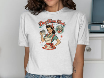 Dog Mom Mode text with retro illustration of woman holding "Mom Fuel" mug and a dog.