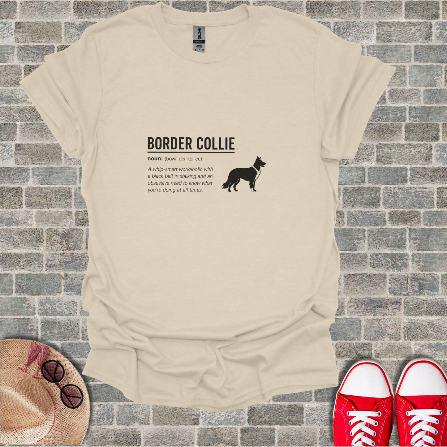 T-shirt with black Border Collie graphic and humorous definition.