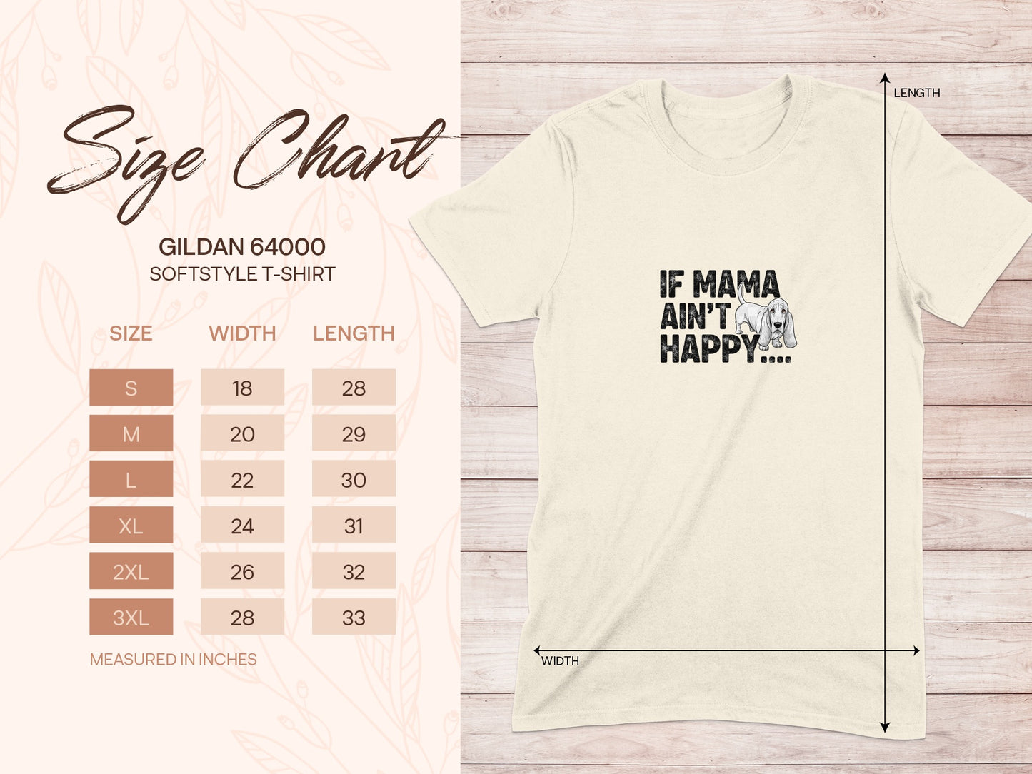 Gildan 64000 size chart for softstyle t-shirts with measurements.