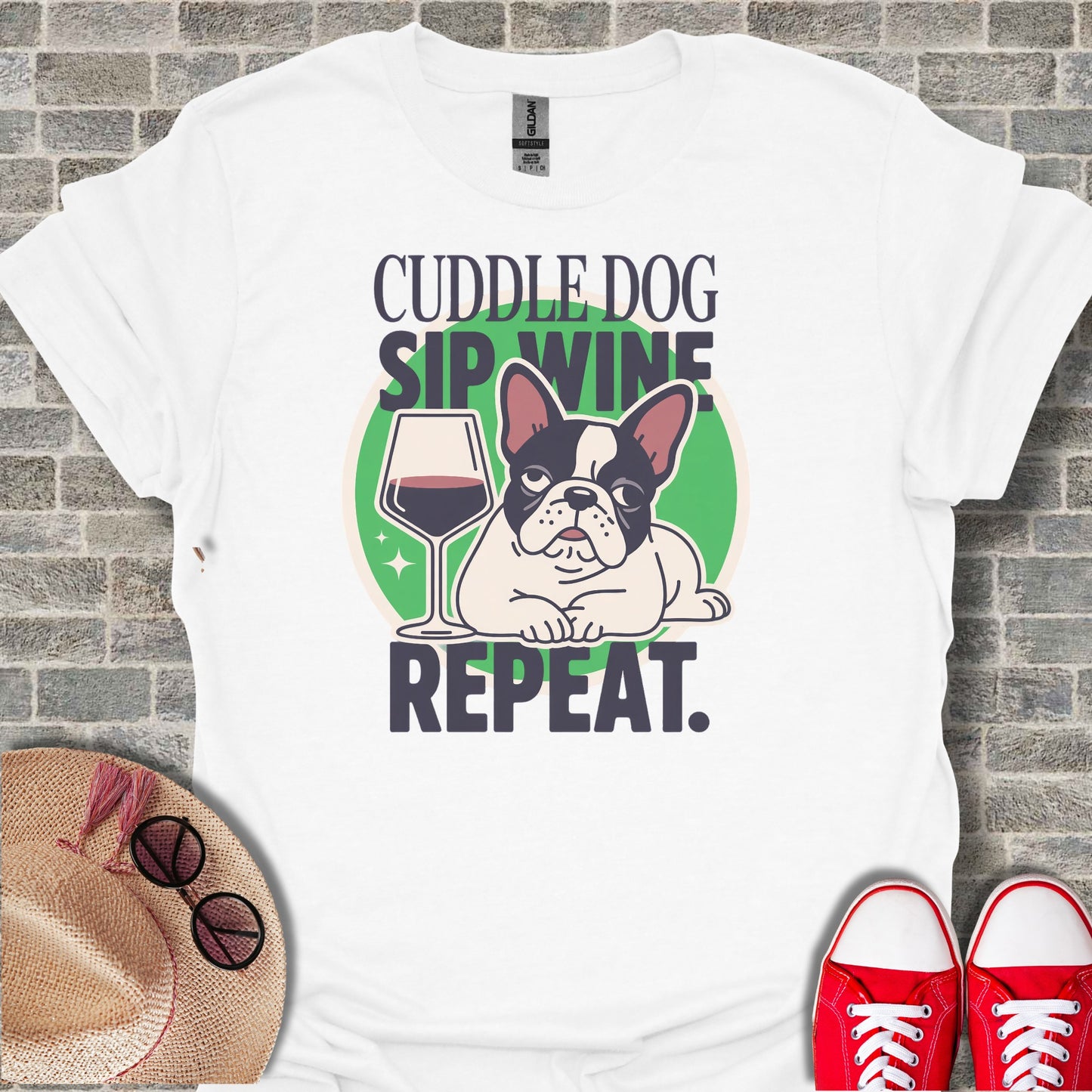 Cuddle Dog Sip Wine Repeat Graphic T-Shirt