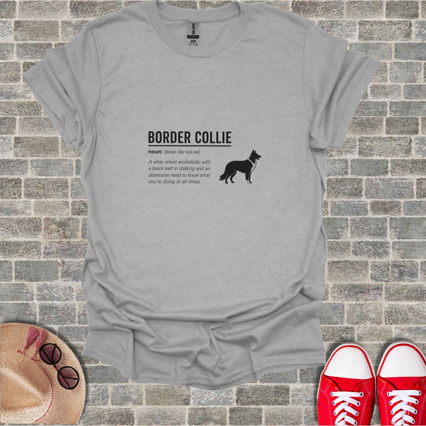 Gray t-shirt with "BORDER COLLIE" definition and silhouette.