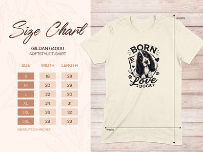 Gildan 64000 softstyle t-shirt size chart with dog graphic.