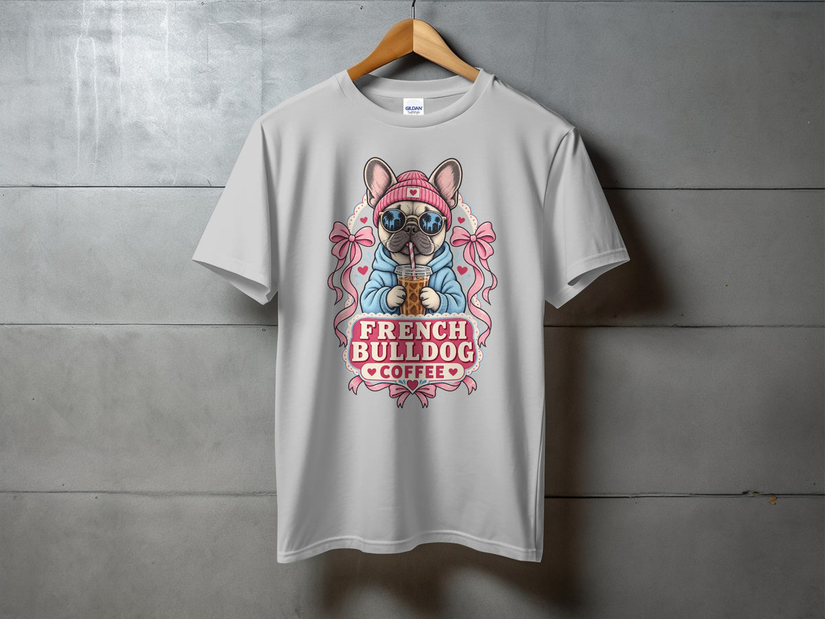 White t-shirt with French bulldog and coffee graphic, "French Bulldog Coffee" text.