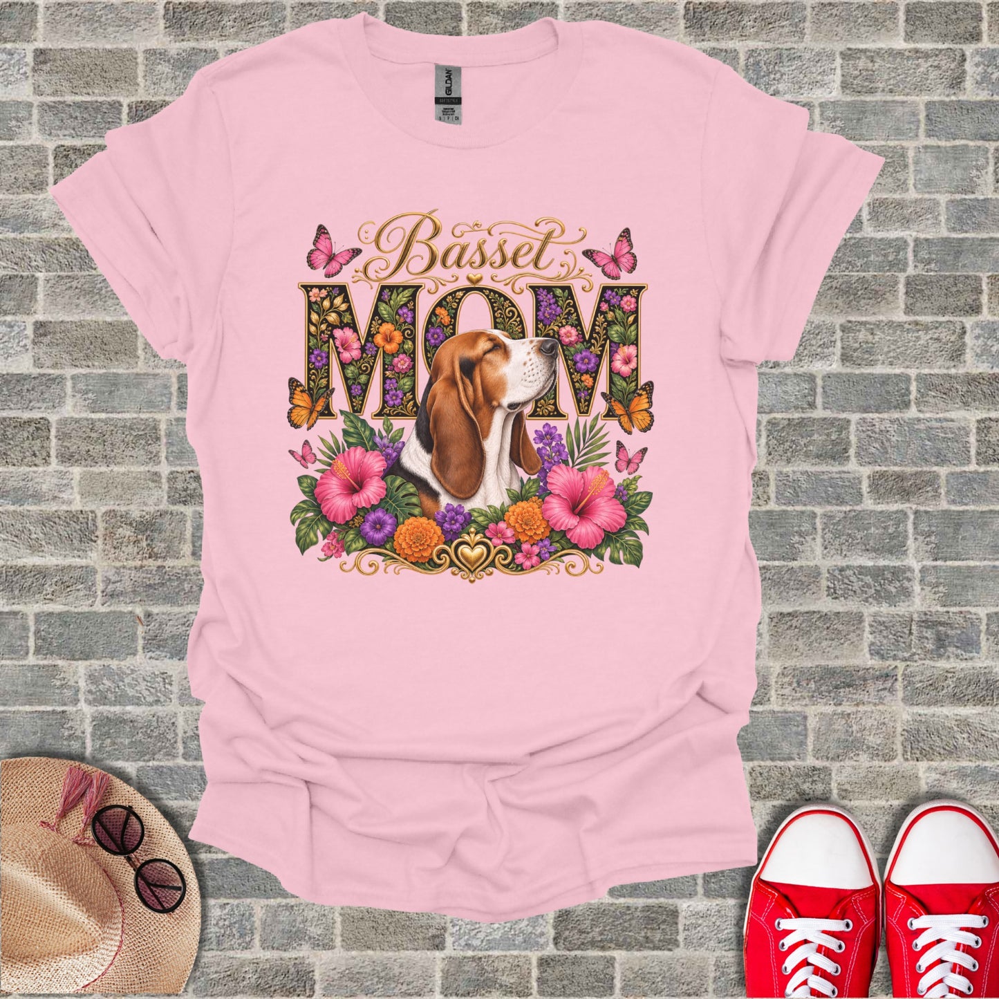 Pink Gildan t-shirt with "Basset MOM" text, Basset Hound, and floral design.