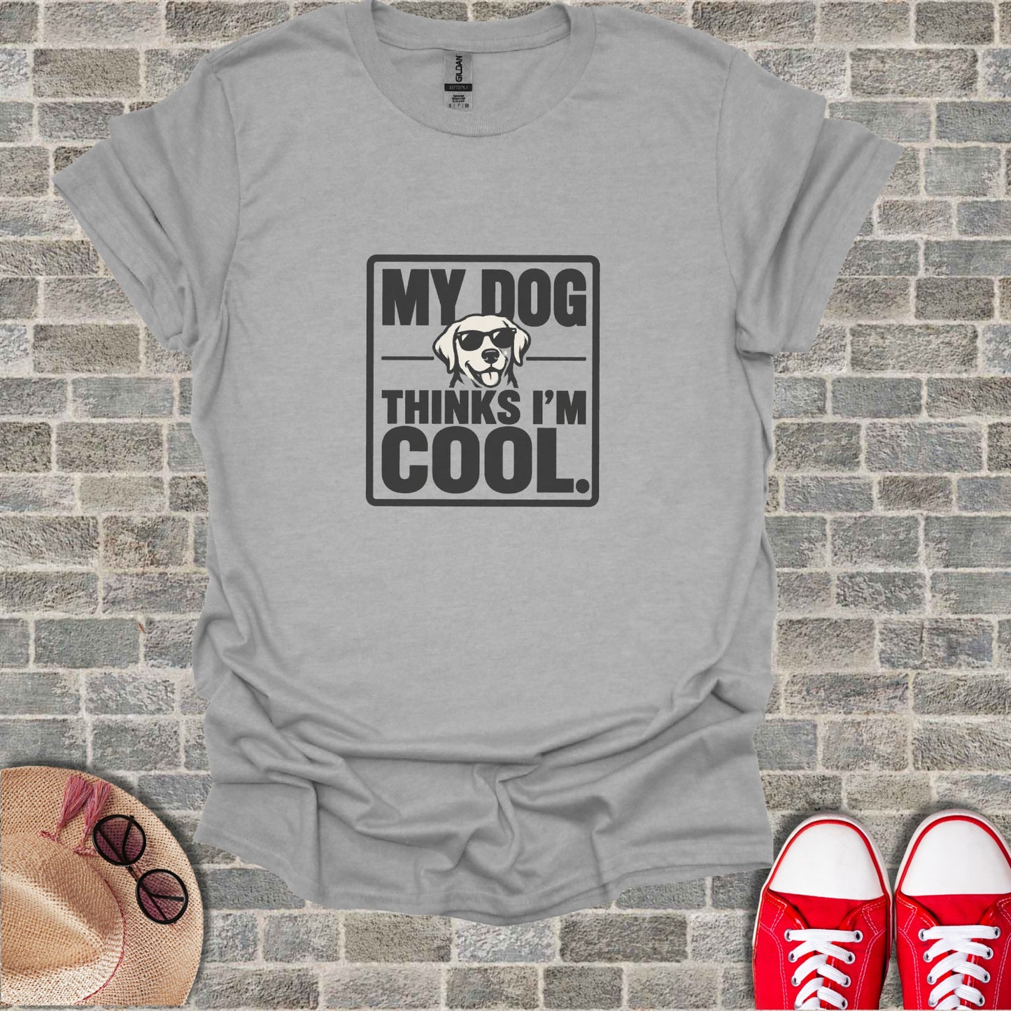 Gray t-shirt with sunglasses-wearing dog graphic and "My Dog Thinks I'm Cool" text.