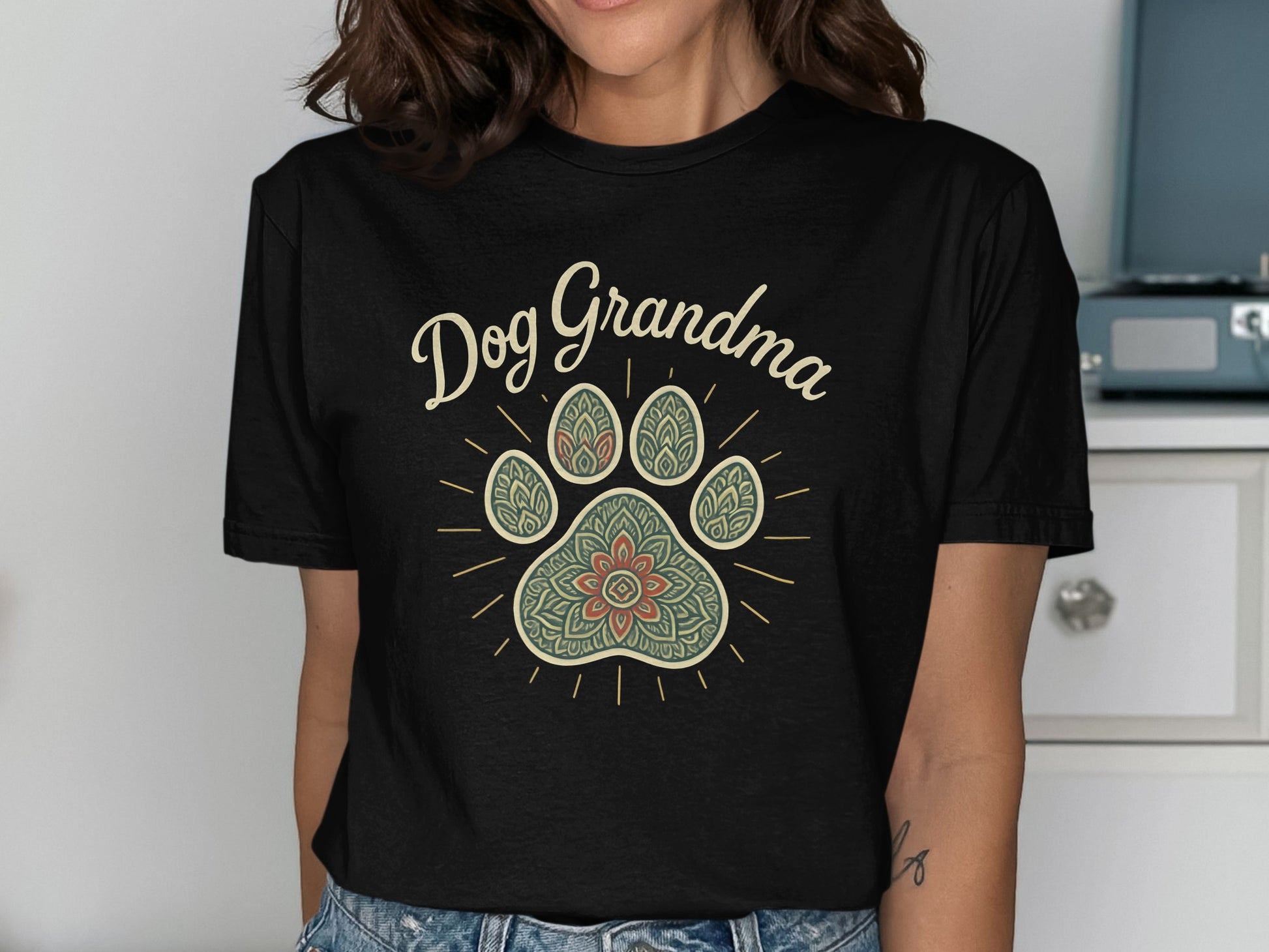 Dog Grandma with Paw Print Short Sleeve Shirt