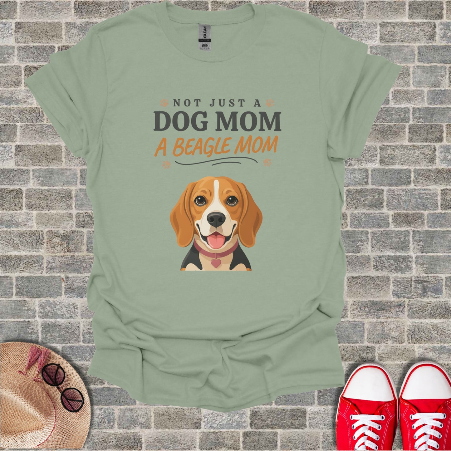 Sage t-shirt with "Not Just A Dog Mom, A Beagle Mom" text and a beagle illustration.