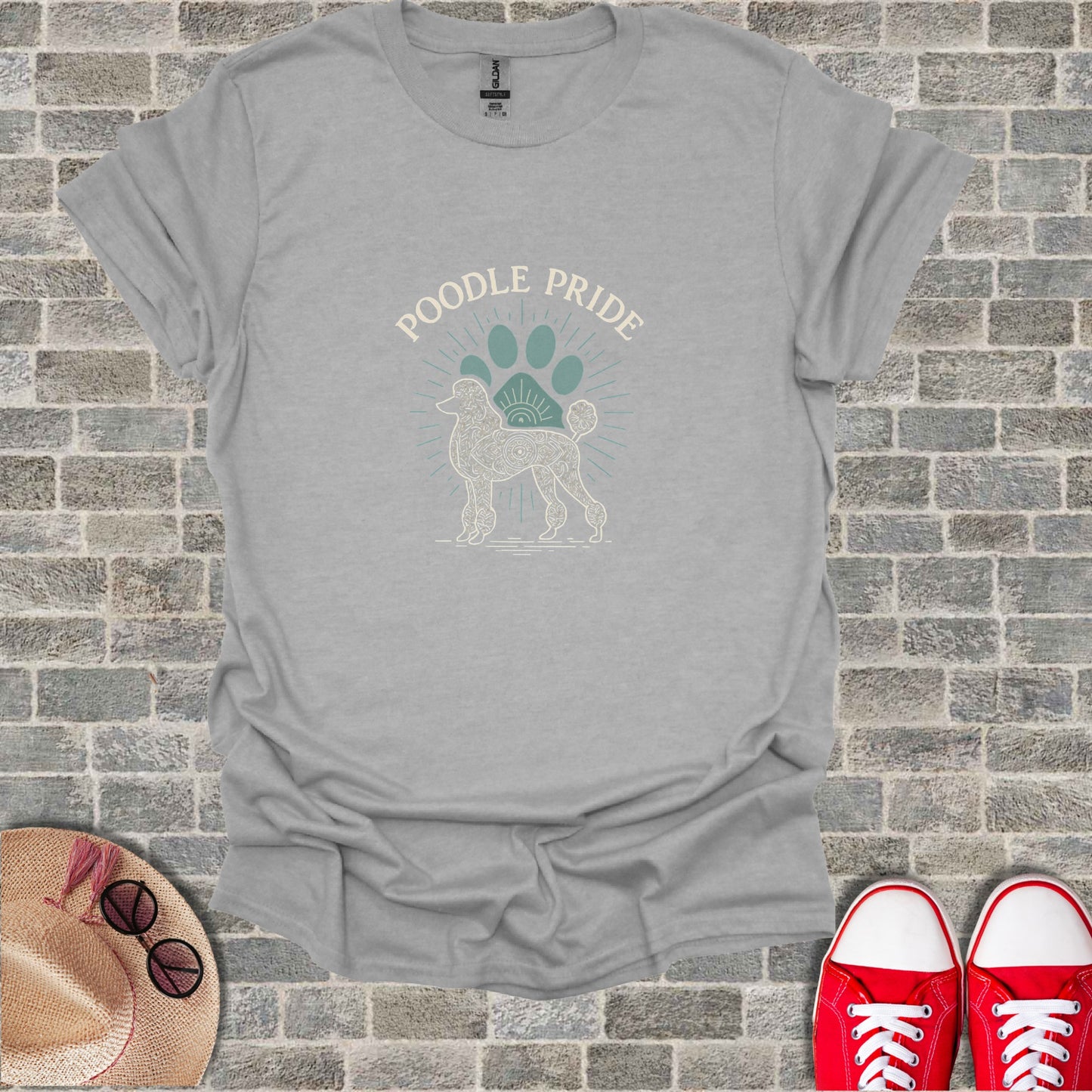 Poodle art with paw print and "Poodle Pride" text on grey t-shirt.