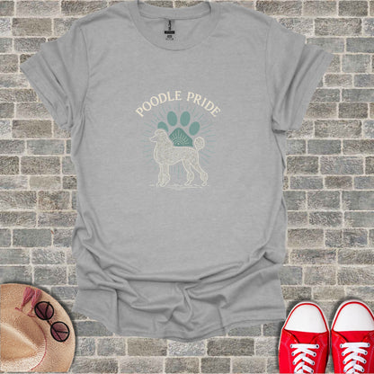 Poodle art with paw print and "Poodle Pride" text on grey t-shirt.