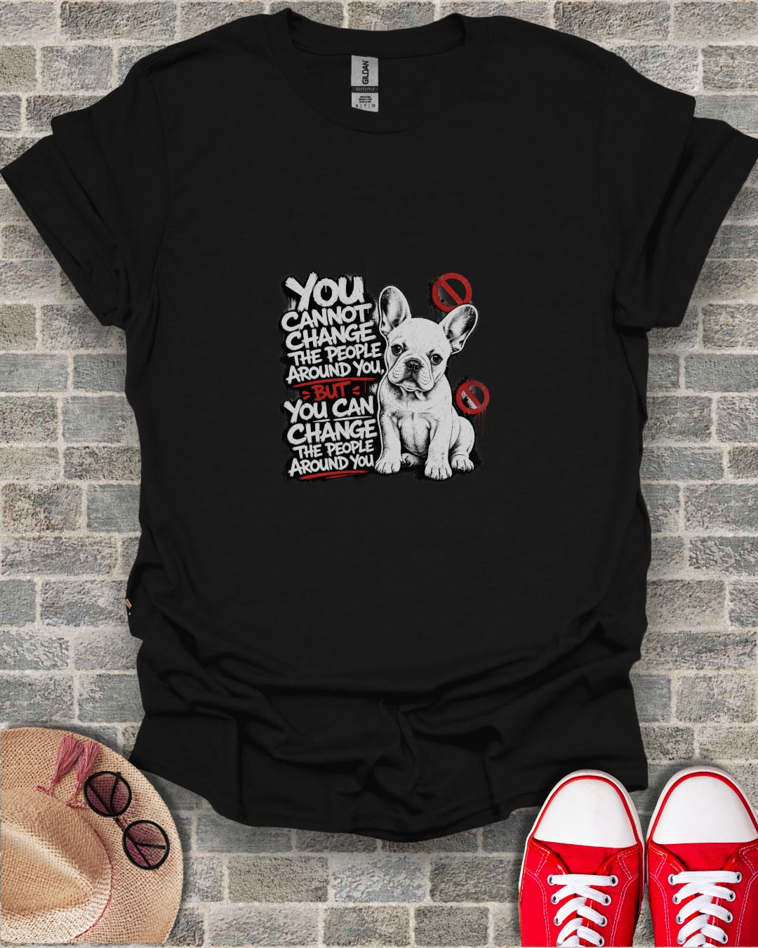 Black t-shirt with white text and French bulldog graphic.