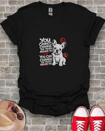Black t-shirt with white text and French bulldog graphic.