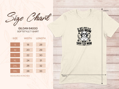 Size chart for Gildan 64000 softstyle t-shirt with Shih Tzu Mom graphic.
