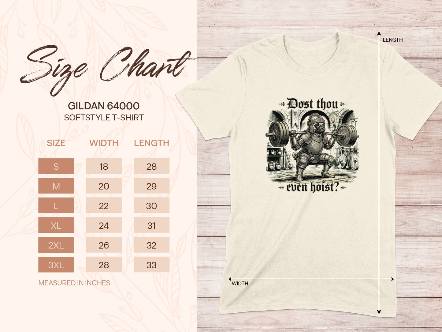 Gildan 64000 Softstyle T-Shirt size chart with barbell lifting illustration.