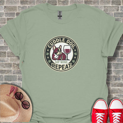 Cuddle Dog Sip Wine Repeat Funny Graphic T-Shirt
