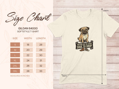 Gildan 64000 softstyle t-shirt size chart with pug graphic.