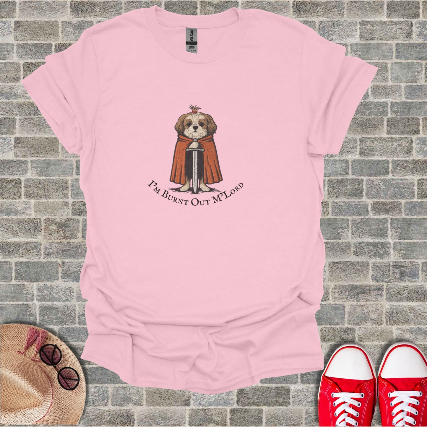 Pink t-shirt with Shih Tzu dog wearing a cape and crown, text "I'M BURNT OUT M'LORD".