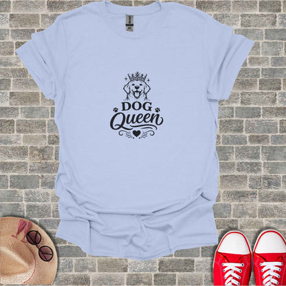 Light blue t-shirt with "Dog Queen" text and a crowned dog graphic.