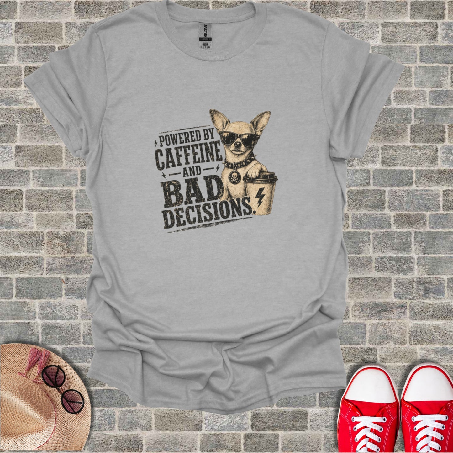 Grey t-shirt with chihuahua wearing sunglasses and text "Powered by Caffeine and Bad Decisions".