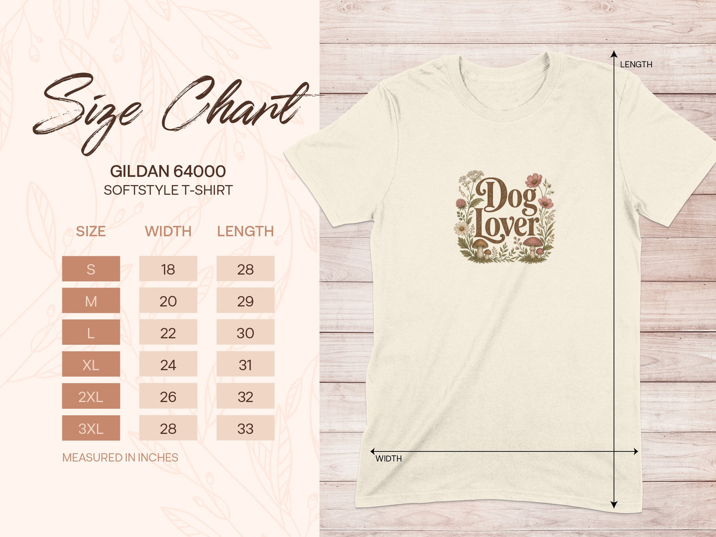 Gildan 64000 Softstyle T-shirt size chart with Dog Lover graphic.
